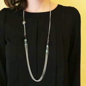 Long Silver & Blue Beaded Chain Necklace Tassel